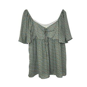 OTT Womens Printed Fluttered Short Sleeve Blouse Sz Large Lightweight Peasant